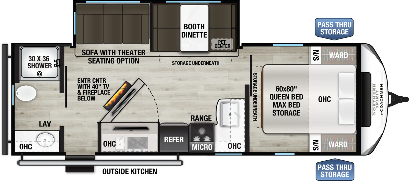 The Northern Spirit 2557RB floorplan has one entry and one slide out. Exterior features include: fiberglass exterior, 18' awning and outside kitchen. Interiors features include: front bedroom and rear bathroom.